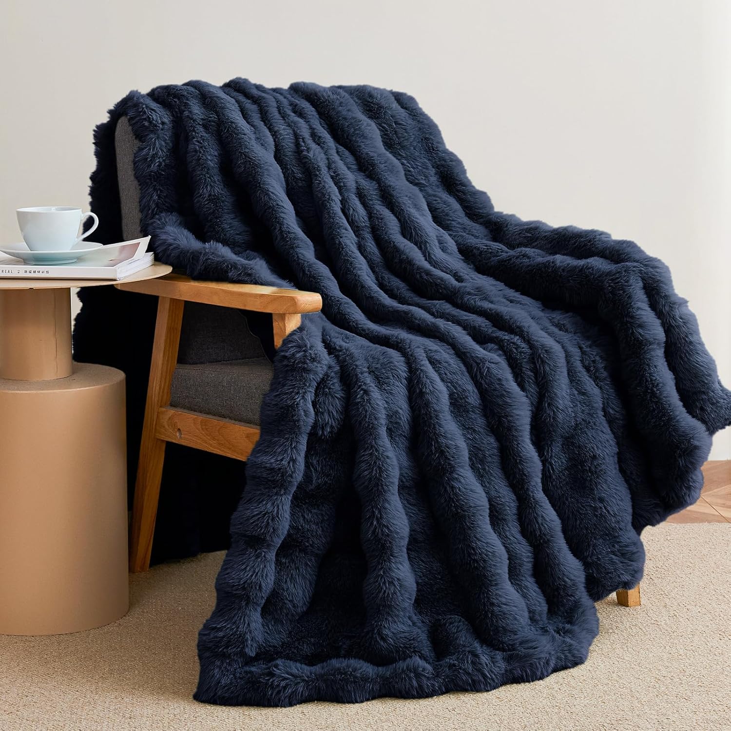 Navy Faux Fur Throw Blanket